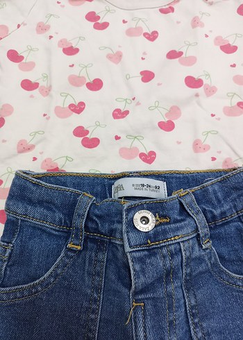 Zara Kız Bebek Renkli Kısa Kollu Üst ve Kot Pantolon Takımı
