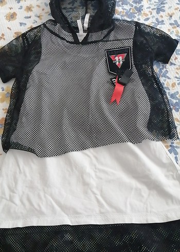 Kapüşonlu siyah beyaz kız çocuk tunik 2li - Görsel 3