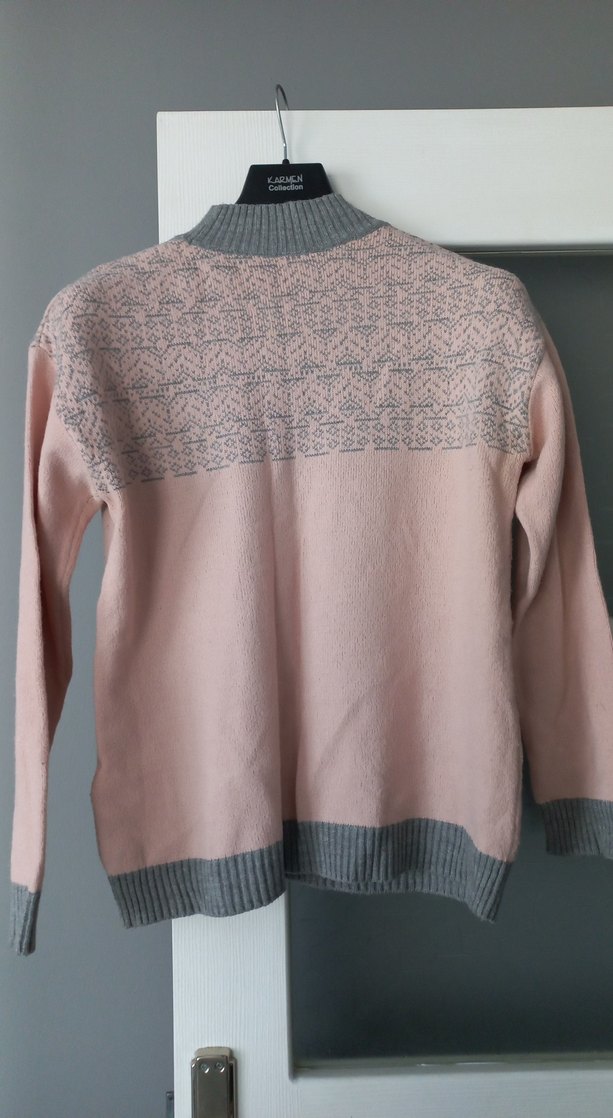 Kadın Pembe Gri Desenli Triko Kazak - Görsel 3