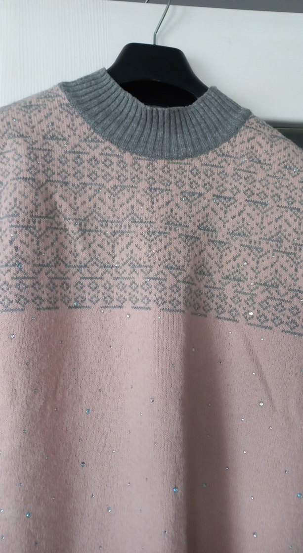 Kadın Pembe Gri Desenli Triko Kazak - Görsel 2