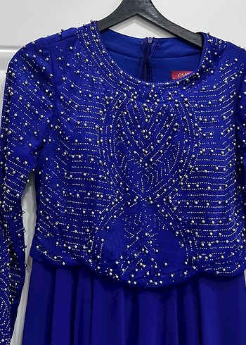 İnci İşlemeli Uzun Kollu Mavi Abiye Elbise - Görsel 4