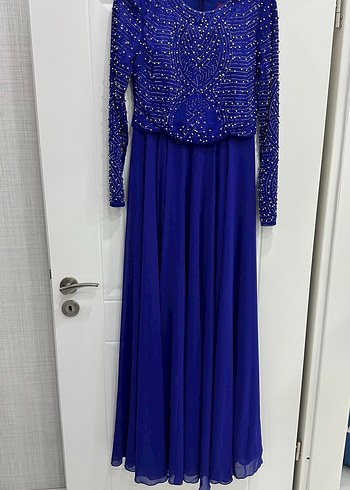 İnci İşlemeli Uzun Kollu Mavi Abiye Elbise - Görsel 7