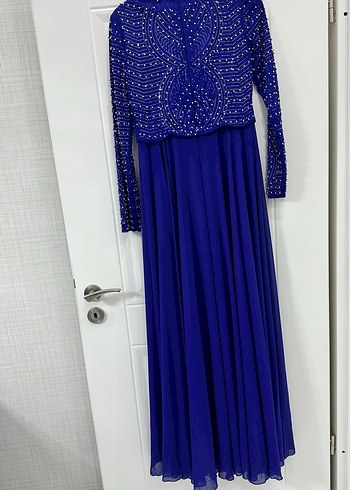 İnci İşlemeli Uzun Kollu Mavi Abiye Elbise - Görsel 3