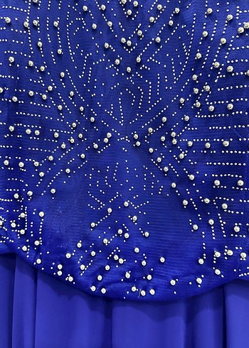 İnci İşlemeli Uzun Kollu Mavi Abiye Elbise - Görsel 5