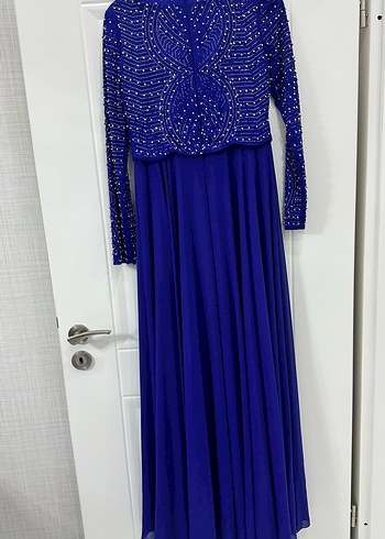 İnci İşlemeli Uzun Kollu Mavi Abiye Elbise - Görsel 2