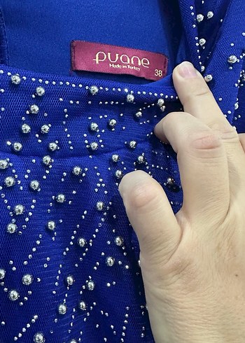 İnci İşlemeli Uzun Kollu Mavi Abiye Elbise - Görsel 6