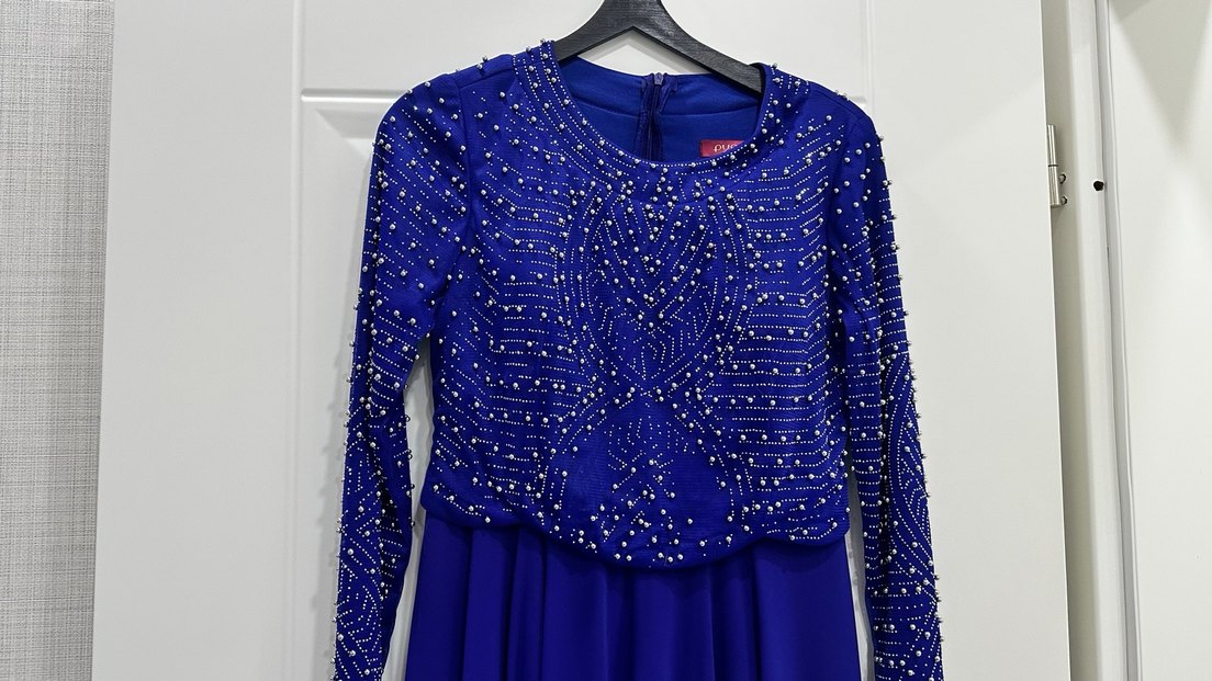 İnci İşlemeli Uzun Kollu Mavi Abiye Elbise - Görsel 4