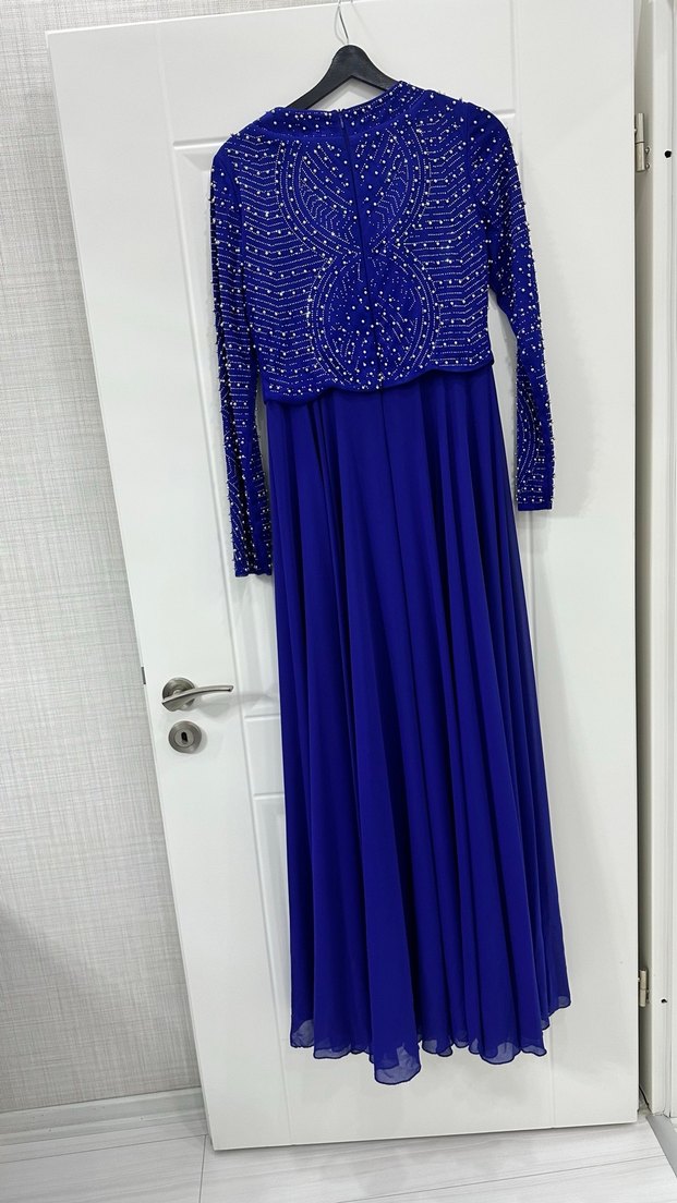 İnci İşlemeli Uzun Kollu Mavi Abiye Elbise - Görsel 3
