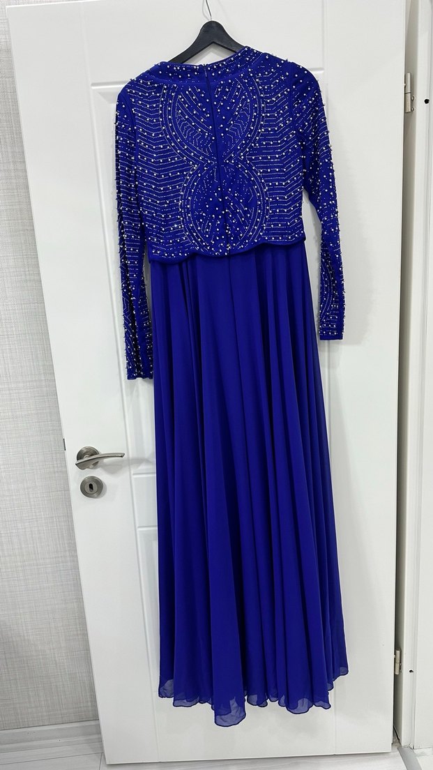 İnci İşlemeli Uzun Kollu Mavi Abiye Elbise - Görsel 2