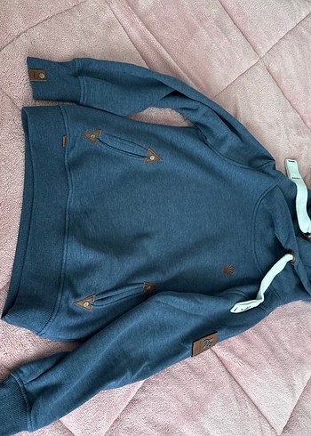Kadın Mavi Kapüşonlu Triko Sweatshirt - Görsel 5