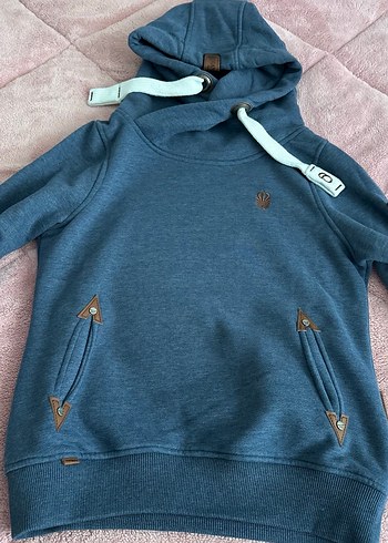 Kadın Mavi Kapüşonlu Triko Sweatshirt - Görsel 6