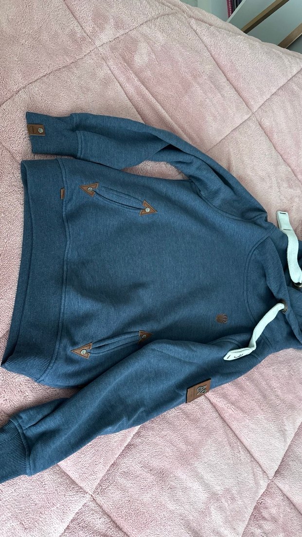 Kadın Mavi Kapüşonlu Triko Sweatshirt - Görsel 5