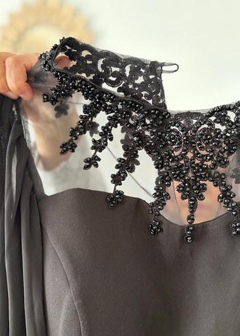46 Beden Diz altı Siyah Gotik Nakışlı Kadın Abiye