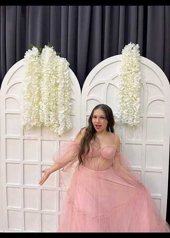 Pembe Transparan Uzun Straplez Nişan Elbisesi - Görsel 4