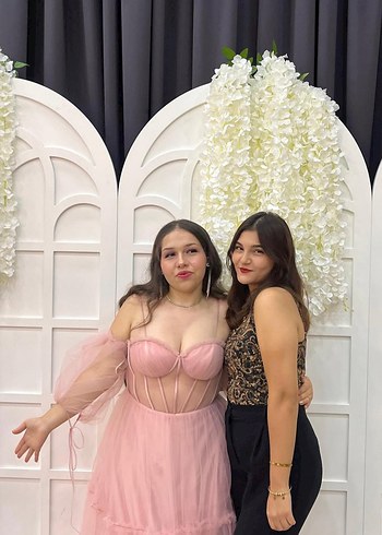 Pembe Transparan Uzun Straplez Nişan Elbisesi - Görsel 3