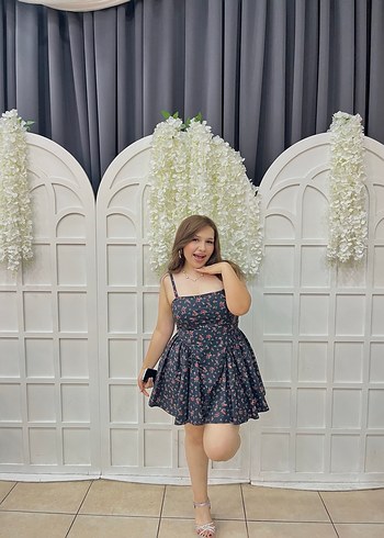 Çiçek Desenli siyah  Mini Elbise - Görsel 3