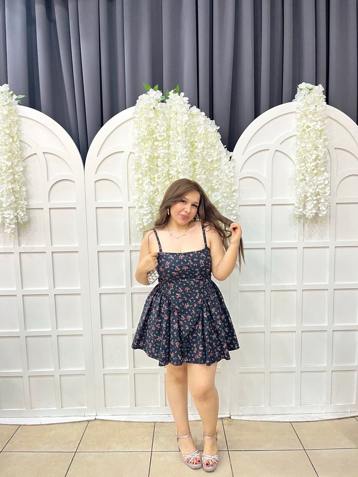 Çiçek Desenli siyah  Mini Elbise - Görsel 2