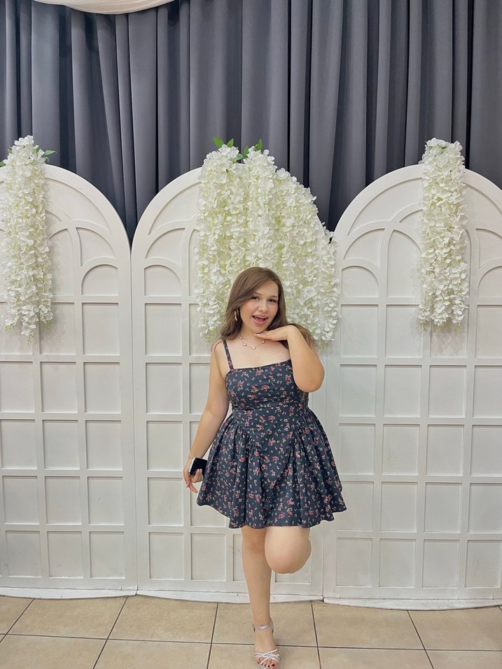 Çiçek Desenli siyah  Mini Elbise - Görsel 3