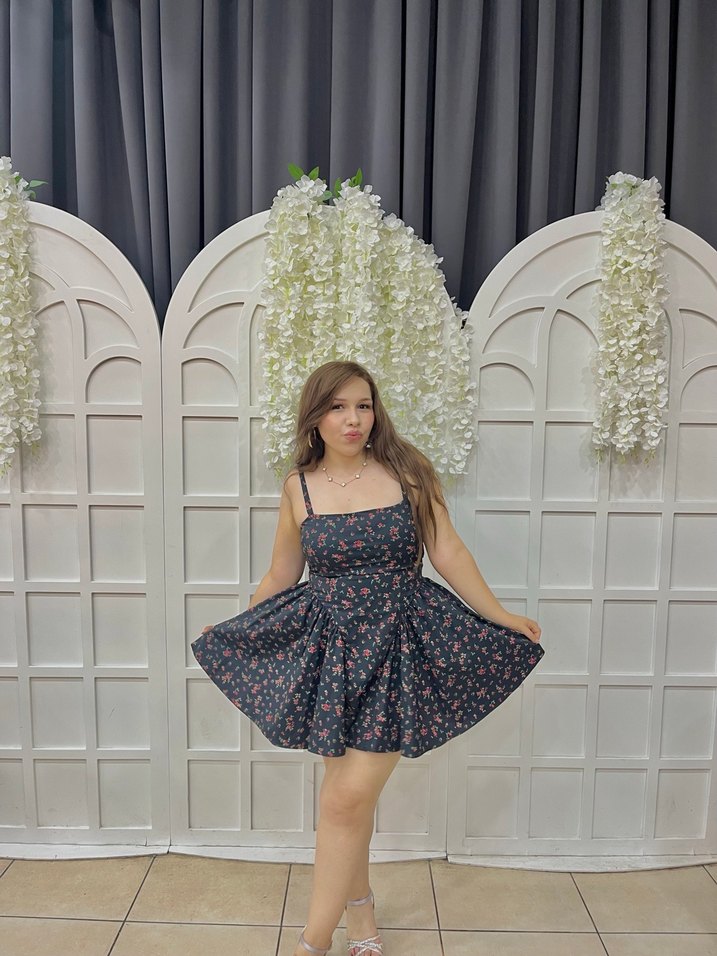 Çiçek Desenli siyah  Mini Elbise - Görsel 5