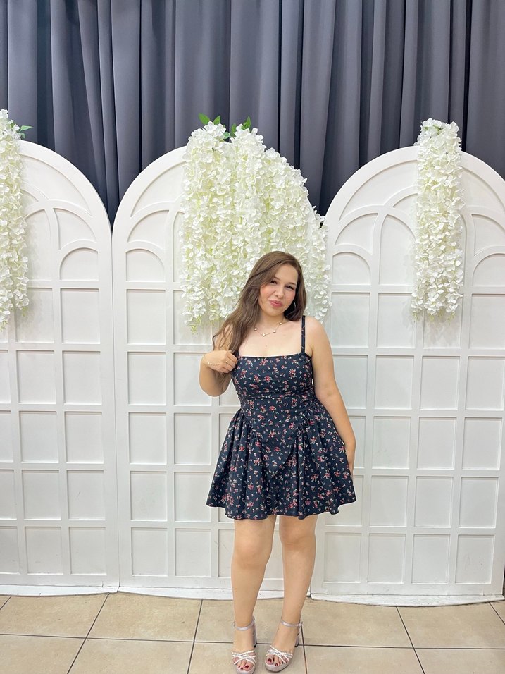 Çiçek Desenli siyah  Mini Elbise - Görsel 4