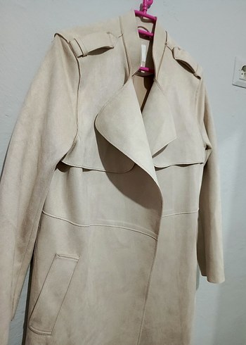 H&M Bej Süet Kadın Uzun Pardösü kaban