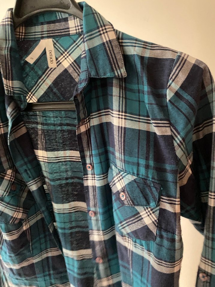 Düğmeli Mavi Kareli Kadın Gömlek - Görsel 3