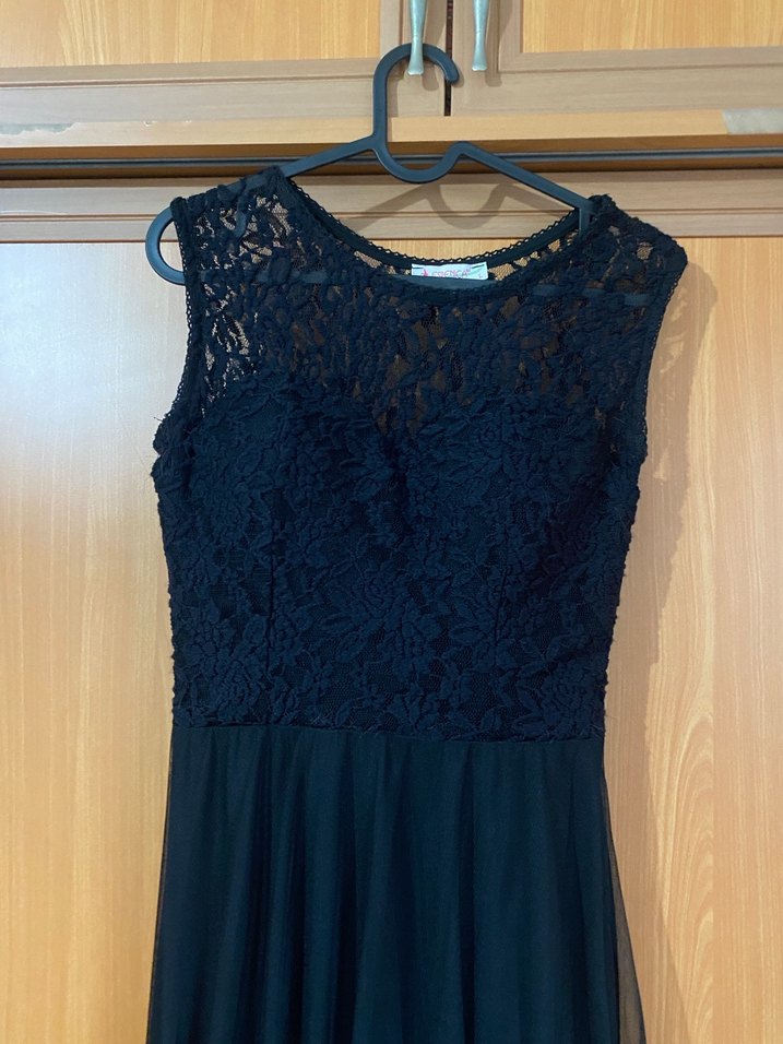 Dantel Detaylı Siyah Uzun Kadın Elbisesi - Görsel 4