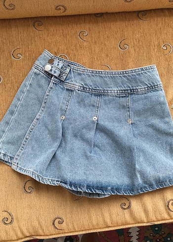 Kadın Mavi Kemer görünümlü Mini Denim Etek