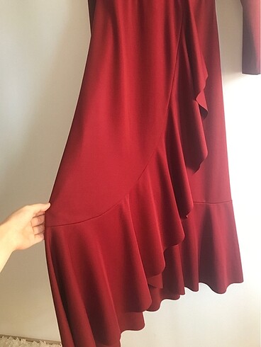 Suud Collection Tesettür Abiye Kırmızı/bordo Katlı Fırfırlı uzun Elbise