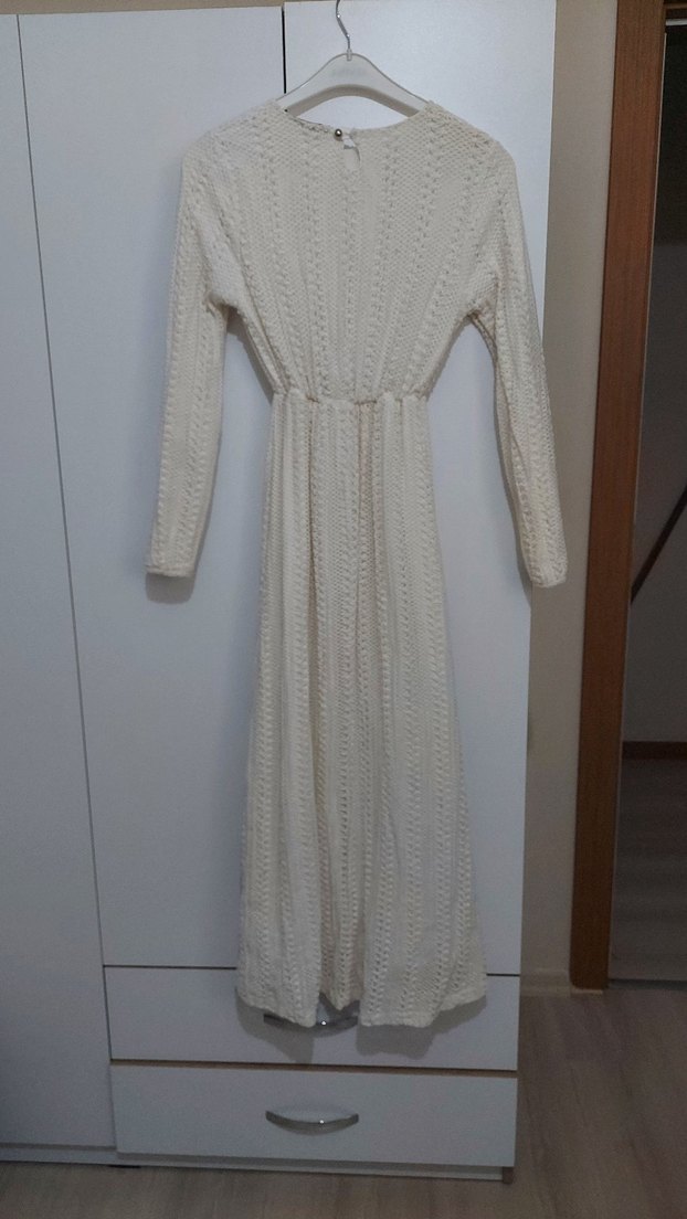 Beyaz Örgü Bohem Kadın Uzun Elbise - Görsel 2