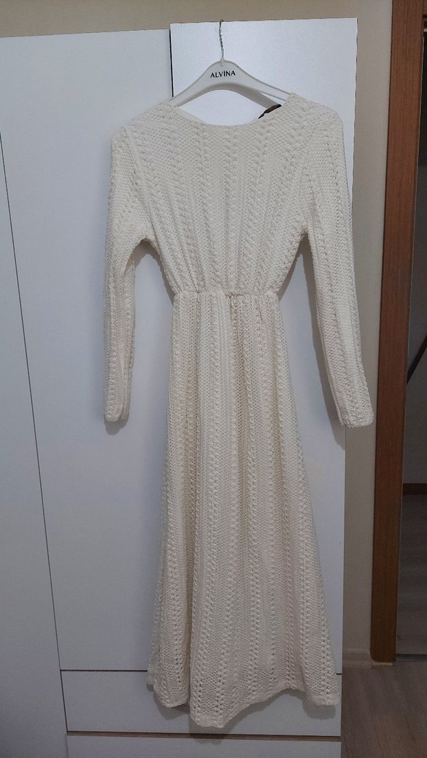 Beyaz Örgü Bohem Kadın Uzun Elbise - Görsel 4