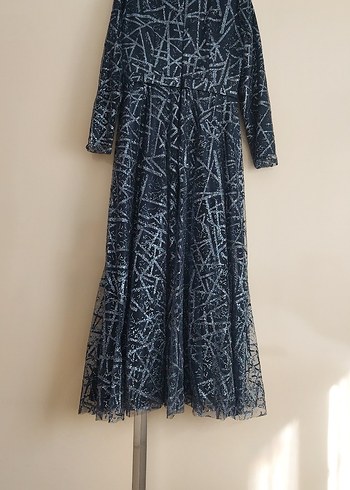 Uzun Lacivert Bağlama Desenli Abiye Elbise - Görsel 6