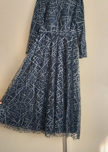 Uzun Lacivert Bağlama Desenli Abiye Elbise - Görsel 5