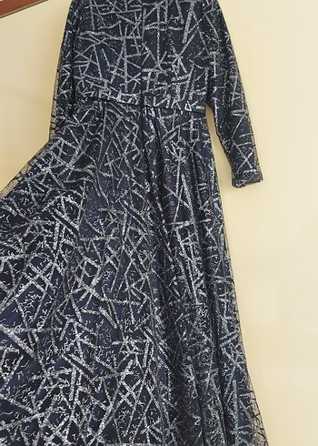 Uzun Lacivert Bağlama Desenli Abiye Elbise - Görsel 7