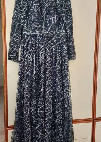 Uzun Lacivert Bağlama Desenli Abiye Elbise - Görsel 2