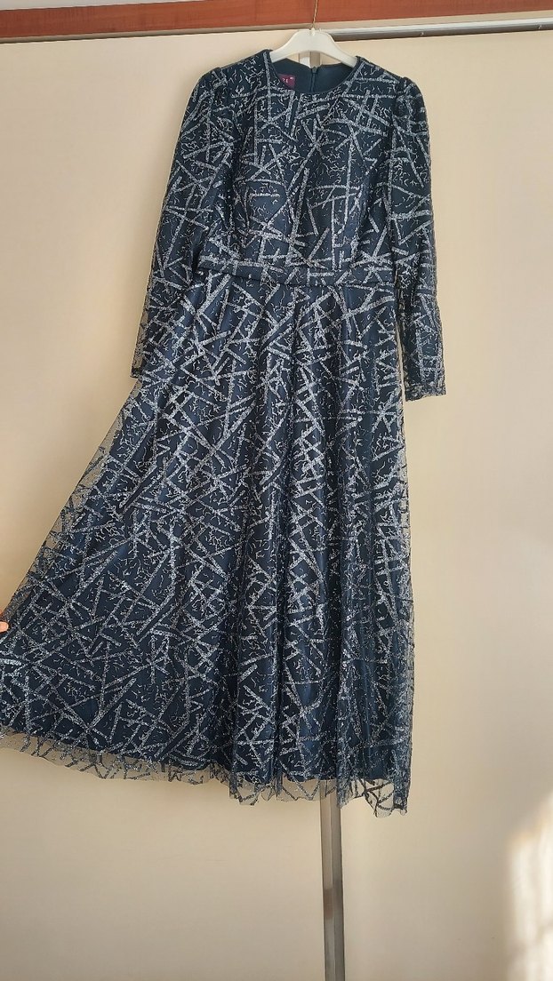 Uzun Lacivert Bağlama Desenli Abiye Elbise - Görsel 5