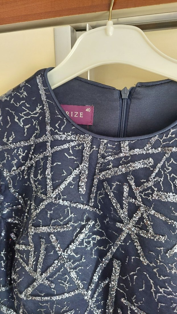 Uzun Lacivert Bağlama Desenli Abiye Elbise - Görsel 4