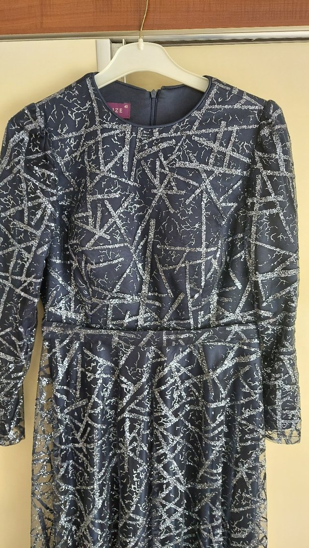 Uzun Lacivert Bağlama Desenli Abiye Elbise - Görsel 3