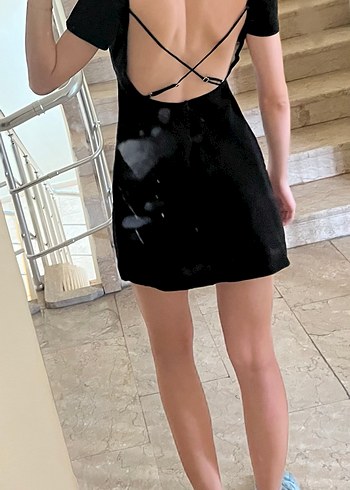 Siyah keten Mini Elbise kare Yaka Kısa Kol - Görsel 2