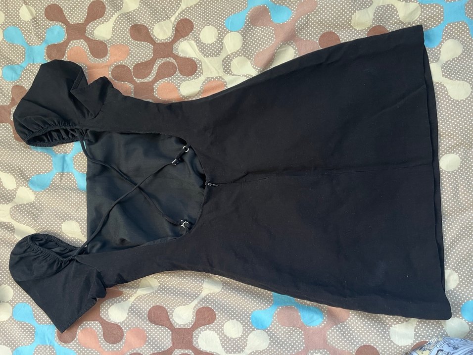 Siyah keten Mini Elbise kare Yaka Kısa Kol - Görsel 4