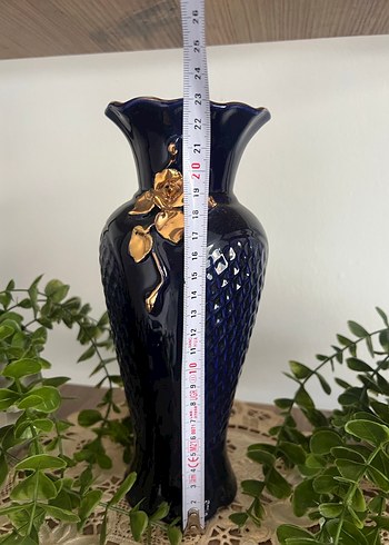 Koyu Mavi Altın Detaylı Vazo - Görsel 2