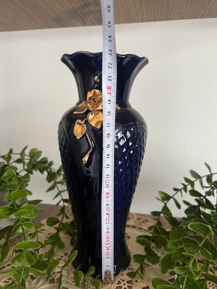 Koyu Mavi Altın Detaylı Vazo - Görsel 2