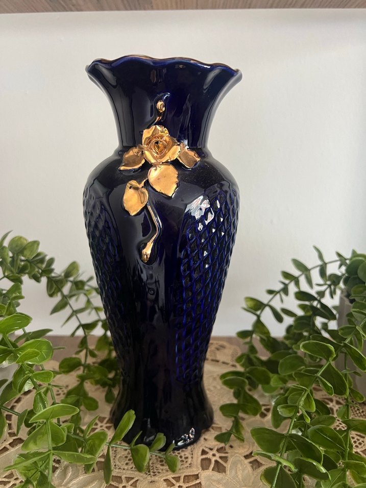 Koyu Mavi Altın Detaylı Vazo - Görsel 5