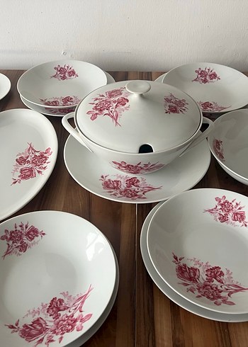 Bordo Çiçek Desenli Yemek Takımı Çekoslavak damgalı - Görsel 13