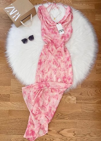 xs Beden Zara saten tie dye pembe uzun elbise viral yeni sezon