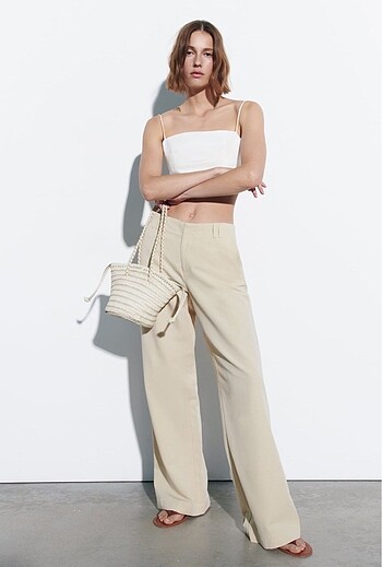Zara keten karışımlı krem rengi pantolon
