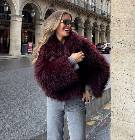 Mango stradivarius suni kürk peluş bordo ceket kaban viral yeni 