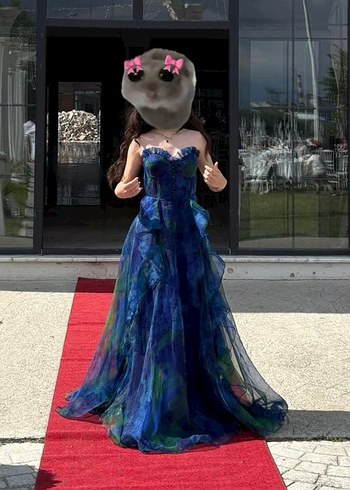 Straplez Drapeli Uzun Mavi Kadın Abiye - Görsel 4