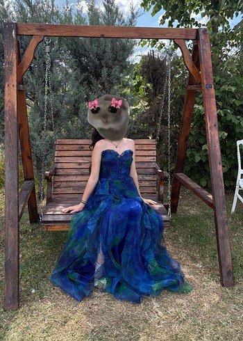 Straplez Drapeli Uzun Mavi Kadın Abiye - Görsel 2