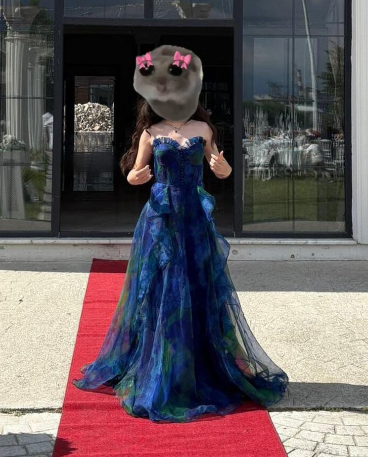 Straplez Drapeli Uzun Mavi Kadın Abiye - Görsel 4